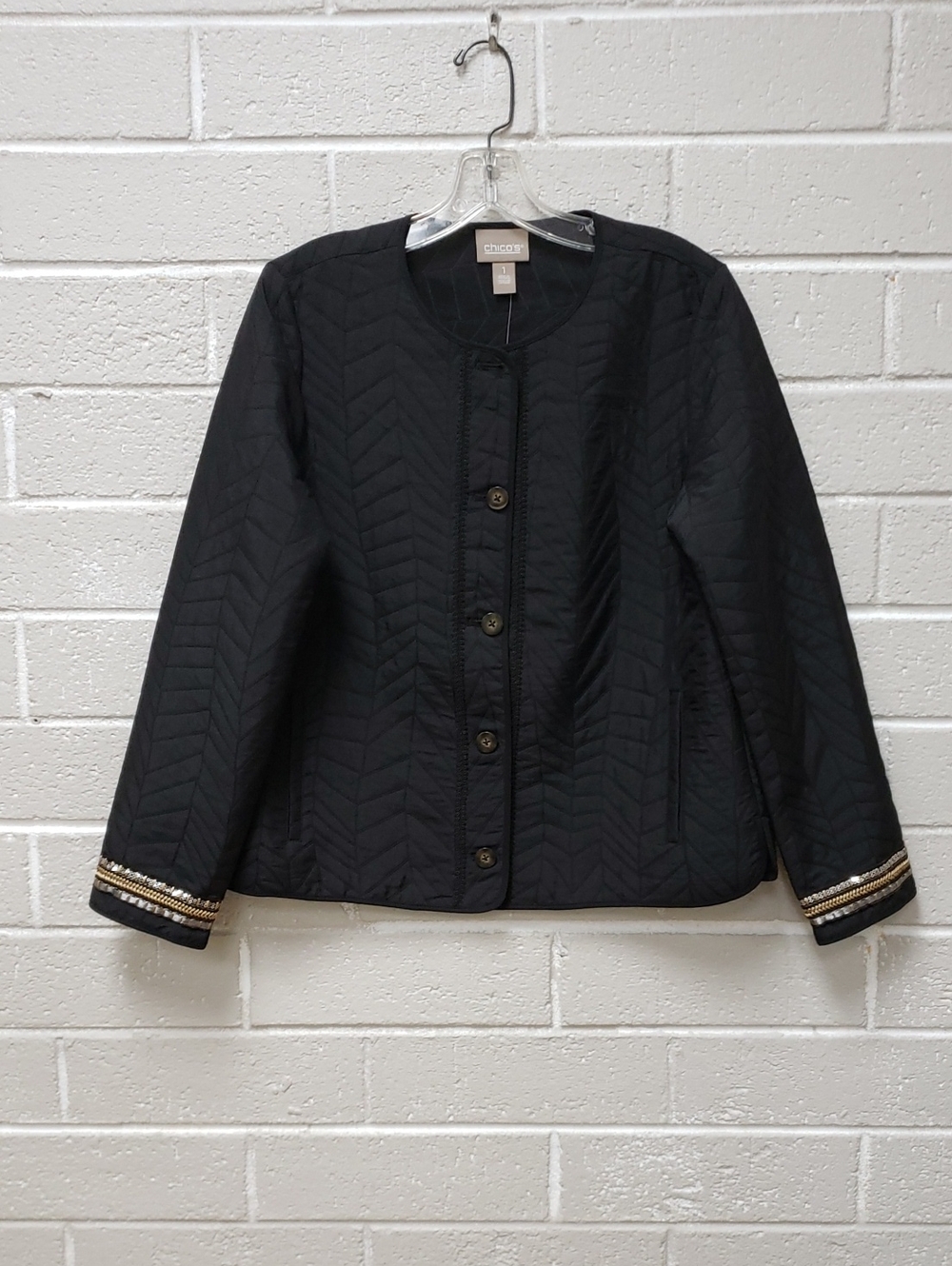 Chico's Black Quilted Jacket with Metallic-Trim Cuffs